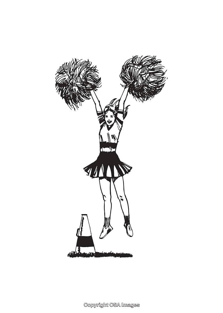Black and White Line Art of Jumping Cheerleader with Pompoms