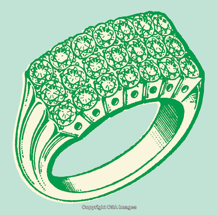 Vintage Line Art Illustration of a Gem-Encrusted Ring in Green