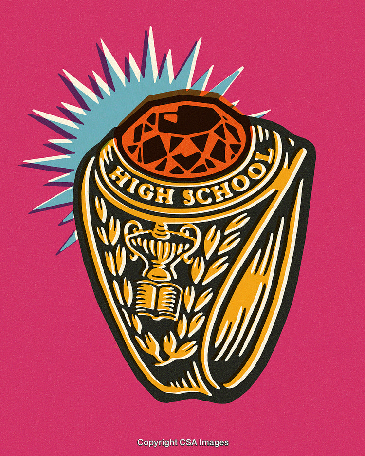 Illustration of a High School Class Ring on Bright Pink Background
