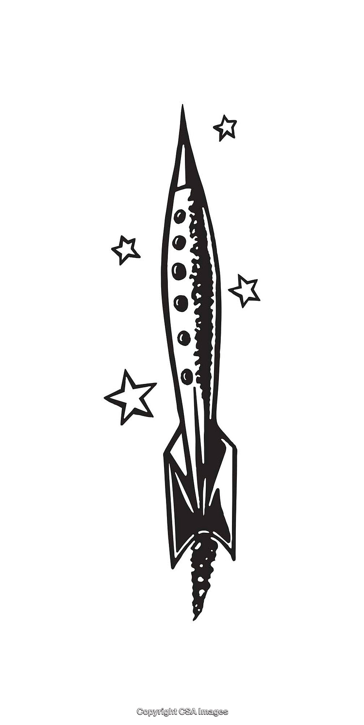 Black and White Line Art of a Rocket with Stars