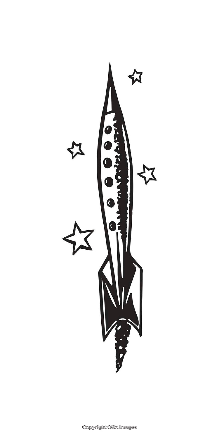 Black and White Line Art of a Rocket with Stars