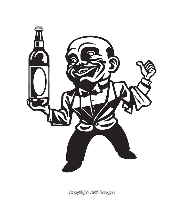 Retro Style Black and White Illustration of a Cheerful Butler Holding a Bottle