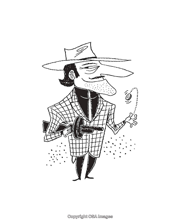 Retro Gangster Caricature in Suit Holding a Gun with Stylish Hat