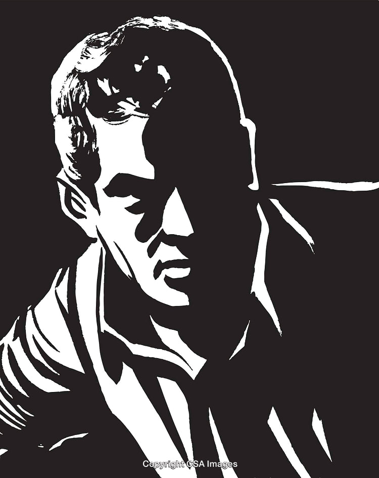 Monochromatic Illustration of a Man in Dramatic Contrast and Shadows