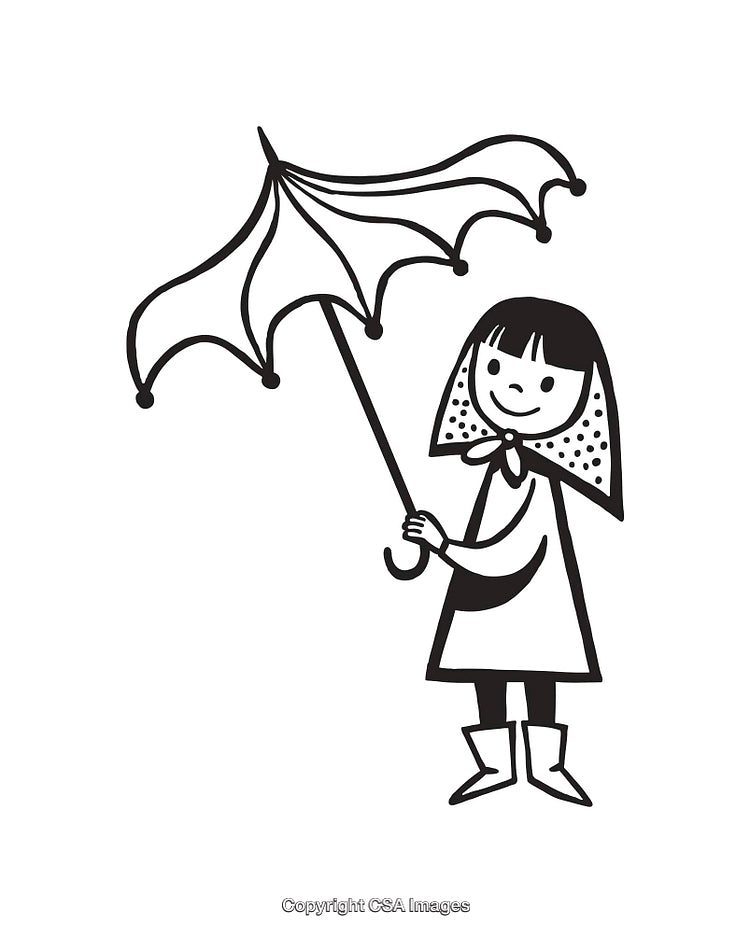 Whimsical Black and White Illustration of a Girl Holding an Umbrella