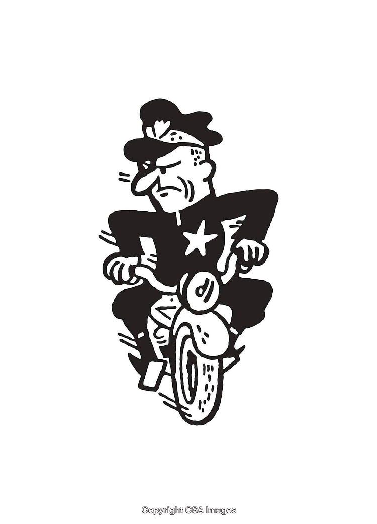 Funny Cartoon Illustration of a Policeman Riding a Motorcycle in a Comical Style