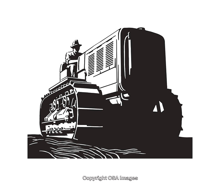 Black-and-White Line Art of a Person Operating a Tractor