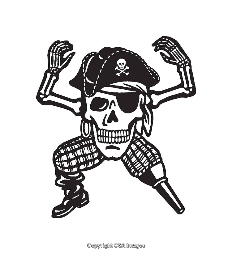 Black and White Pirate Skeleton Illustration with Classic Nautical Elements