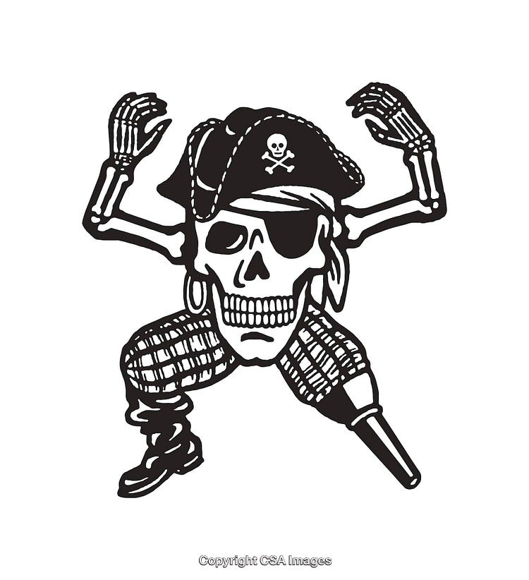 Black and White Pirate Skeleton Illustration with Classic Nautical Elements