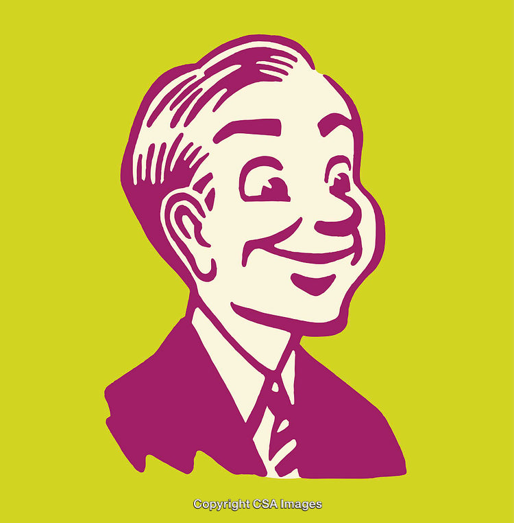 Stylized Retro Illustration of a Smiling Businessman on Vibrant Green Background