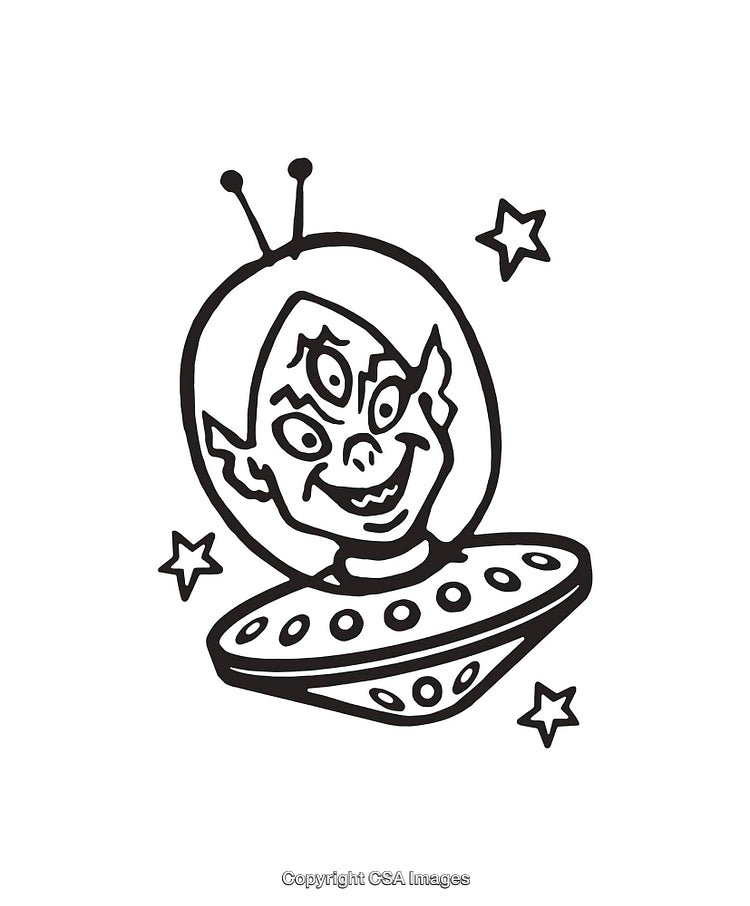 Fun and Whimsical Alien in Spaceship Line Art with Stars