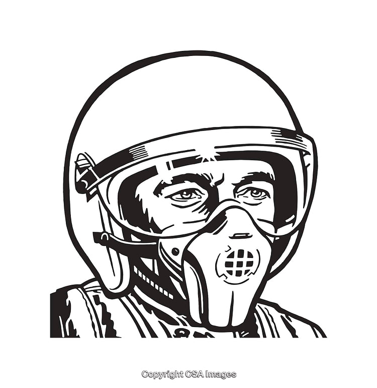 Detailed Line Art of a Helmeted Individual with Breathing Mask