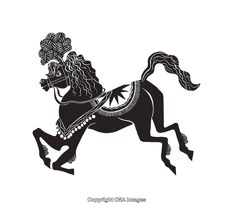 Decorative Black and White Illustration of a Stylized Horse