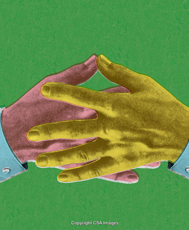 Creative Collage Artwork of Two Colorful Hands in a Close Gesture