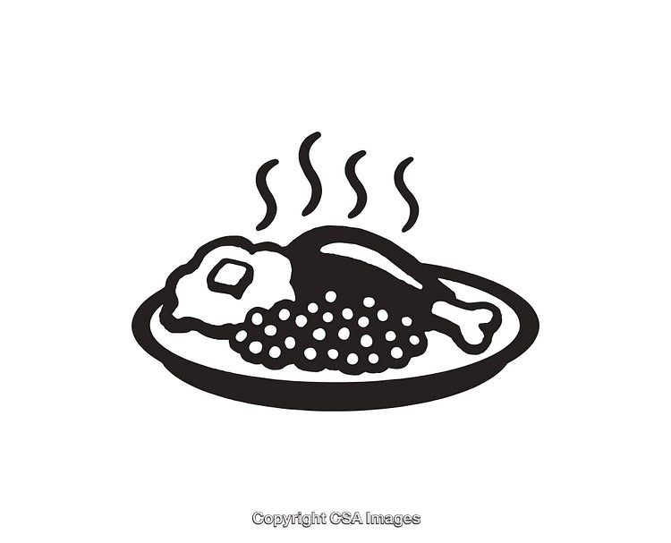 Illustration of a Cooked Meal with Hot Steam in Black and White
