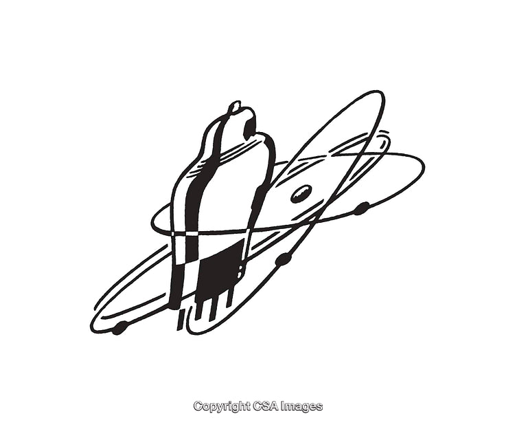 Vintage Space-Themed Vacuum Tube Illustration in Retro Line Art Style