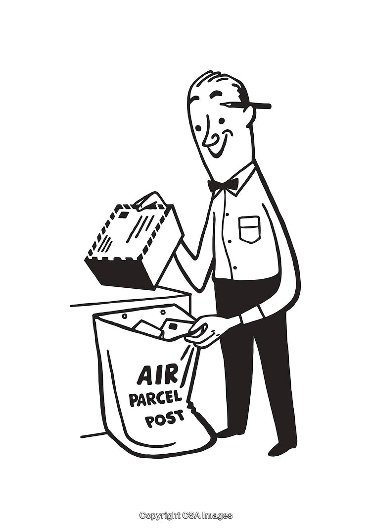 Retro Illustration of a Man Sorting Air Parcel Mail