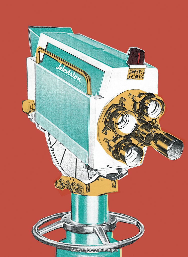Retro Styled Vintage Studio Television Camera on Colorful Red Background
