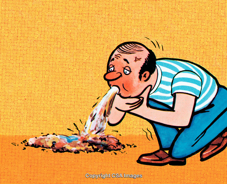 Cartoon of a Man Vomiting Depicted in a Vintage Comic Style Illustration