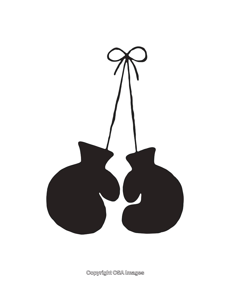 Black and White Silhouette of Hanging Boxing Gloves on Strings