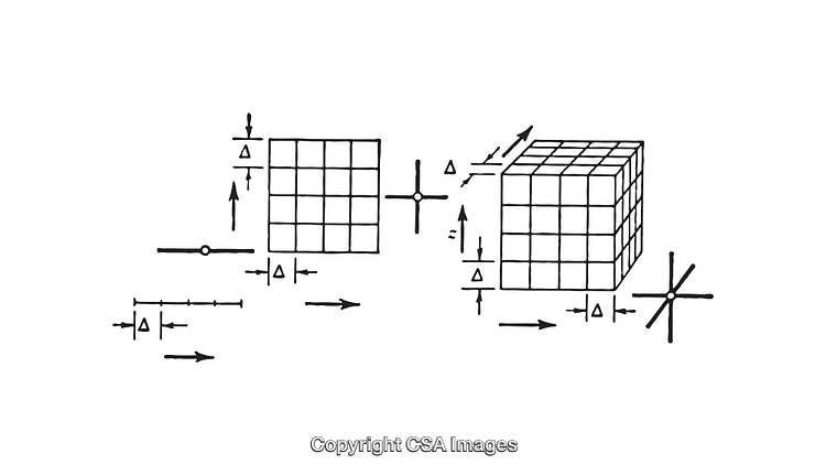 Geometric Diagram Illustrating Two 3D Grids with Mathematical Markings