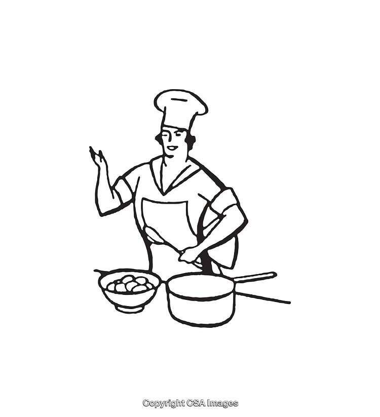 Black And White Line Drawing of a Chef Cooking With Ingredients