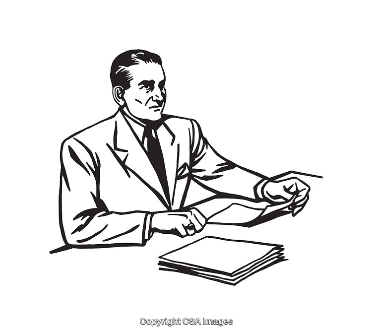 Retro Illustration of a Man Working at a Desk in Black and White