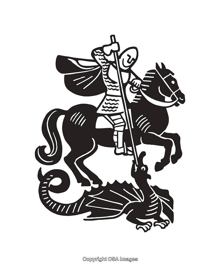 Medieval Knight in Armor Fighting a Dragon Line Art Illustration