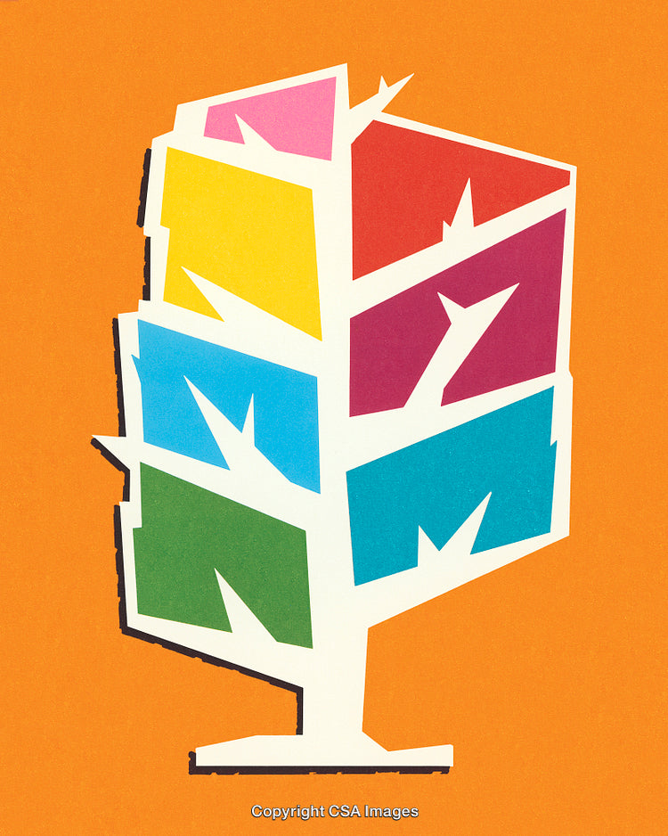 Colorful Abstract Tree Artwork with Geometric Design on Orange Background