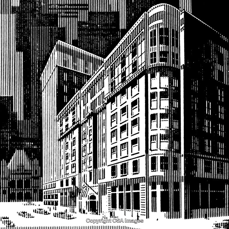 Elegant Urban Black and White Engraving of a Historic Cityscape
