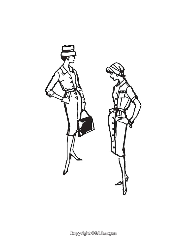 Illustration of Women in Vintage Business Attire in Line Art Style
