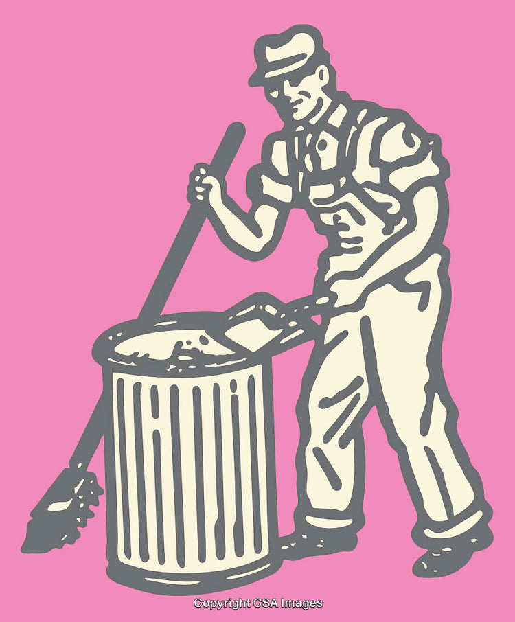 Worker Cleaning Trash Bin with Broom and Scoop on Pink Background