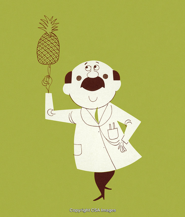 Cartoon Scientist Holding a Pineapple on a Green Background