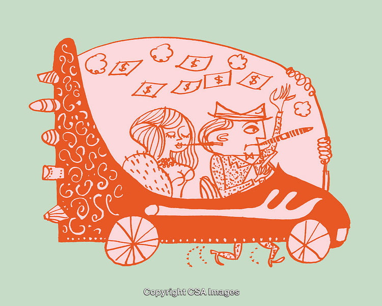 Quirky Colorful Line Art Illustration of a Wealthy Couple in a Unique Car