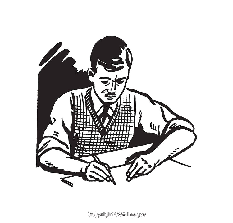 Black and White Line Art Illustration of a Man Writing at a Desk
