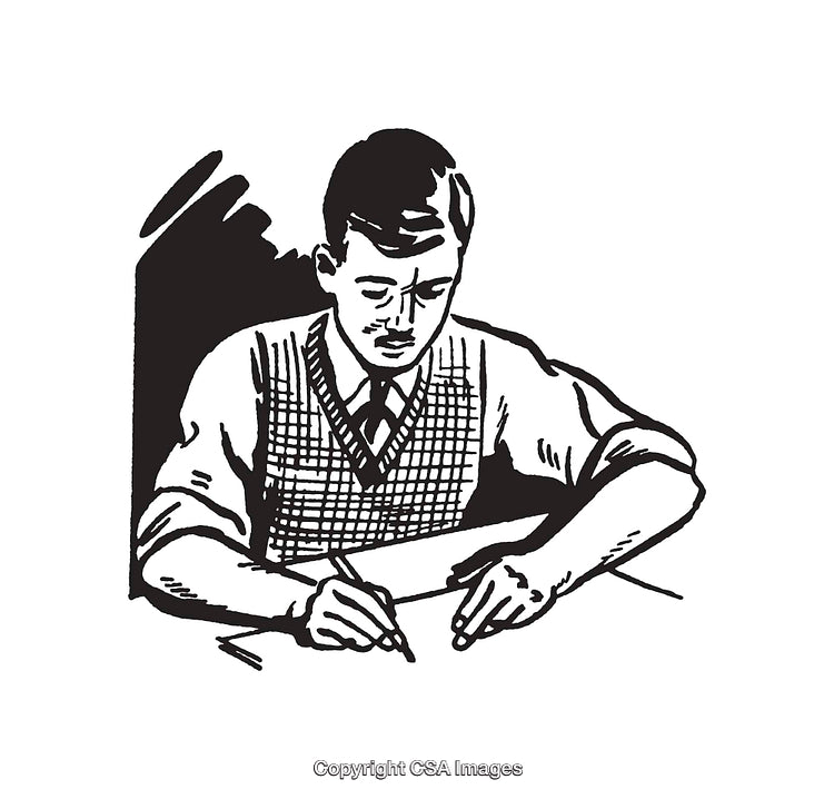 Black and White Line Art Illustration of a Man Writing at a Desk