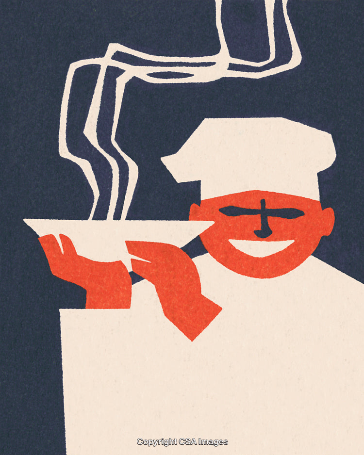 Smiling Chef Holding a Steaming Bowl of Food in Abstract Art Style