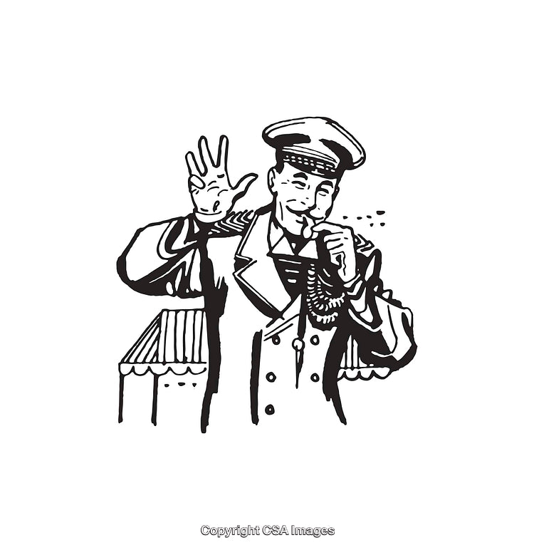 Vintage Line Art of Uniformed Male Figure With a Whistle and Gesture