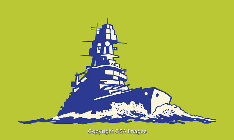 Stylized Line Art Illustration of a Warship on a Bold Background