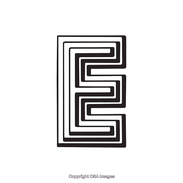 Intricate Black and White Letter E Illustration with Maze Design