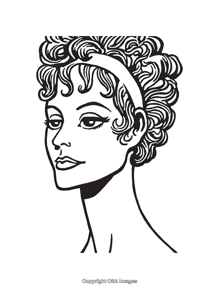 Black and White Line Art of Woman with Headband and Curly Hair
