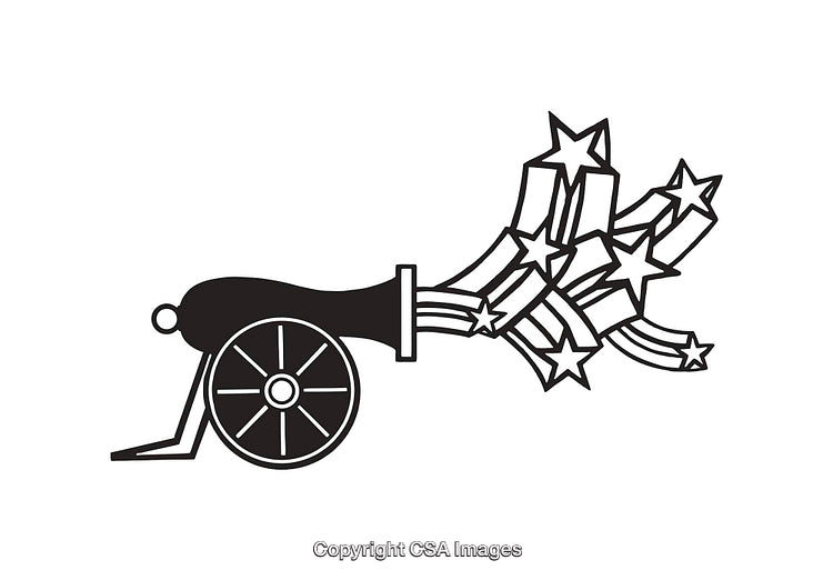 Black and White Cannon With Shooting Stars Line Art Illustration