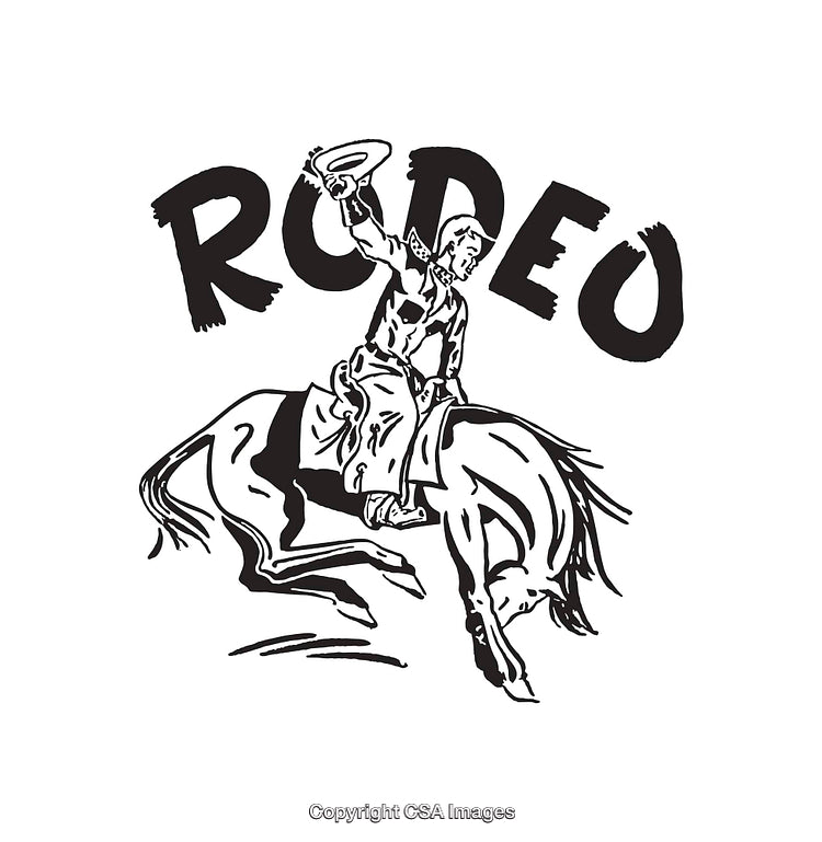Black and White Rodeo Illustration Featuring Cowboy on Bucking Horse