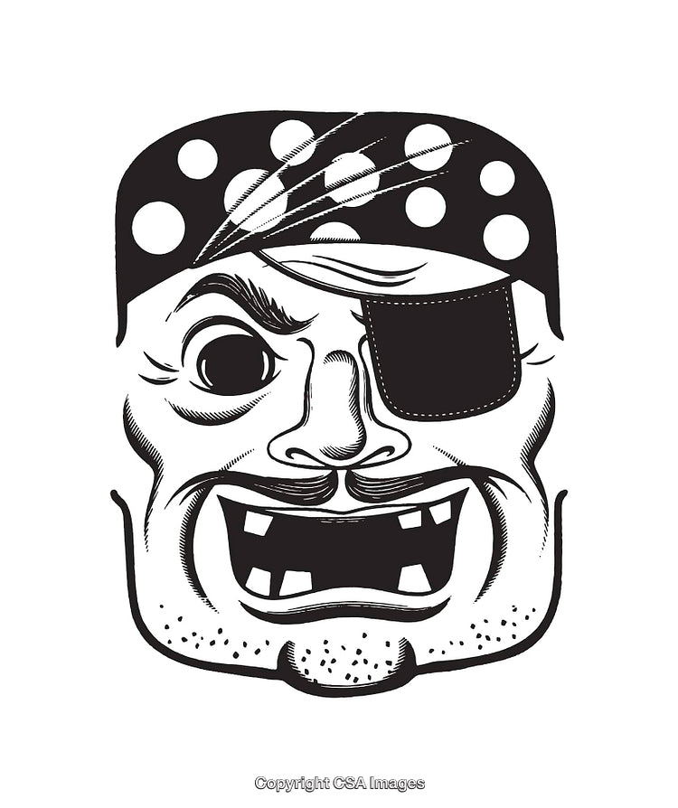 Black and White Line Art Pirate Illustration with Eye Patch and Bandana