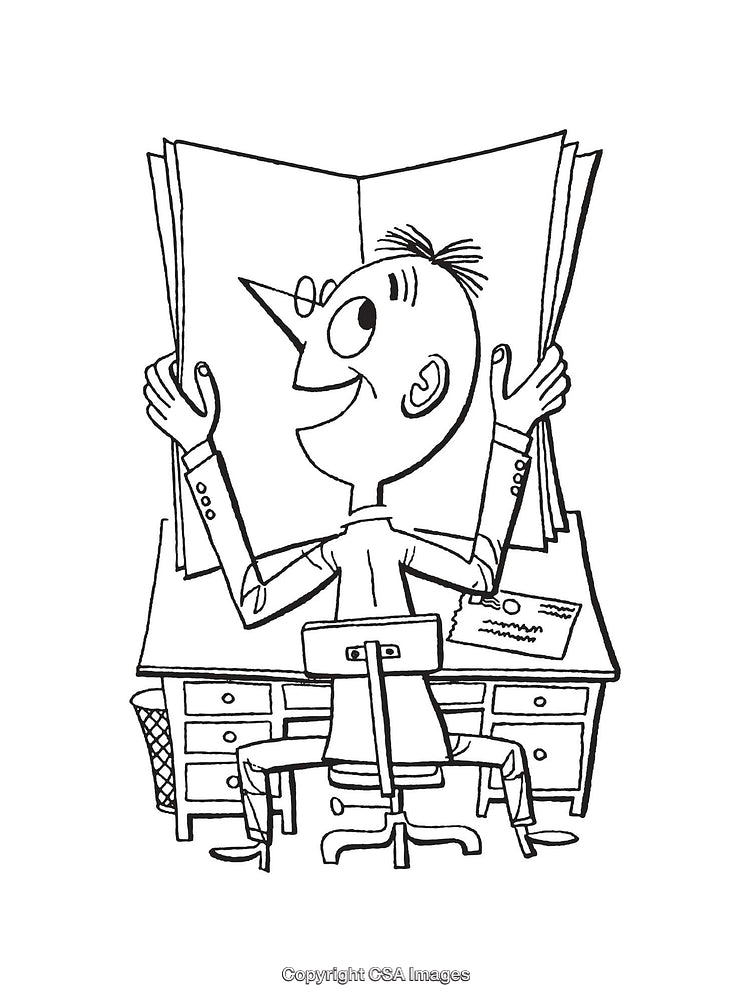 Illustration of a Cartoon Character Enjoying a Big Book at a Desk