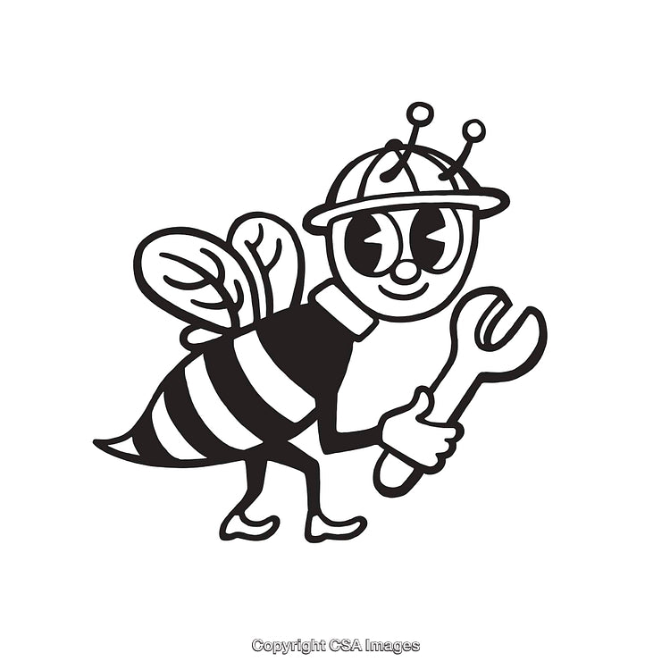 Cartoon Bee Mechanic Holding a Wrench in Black and White Line Art