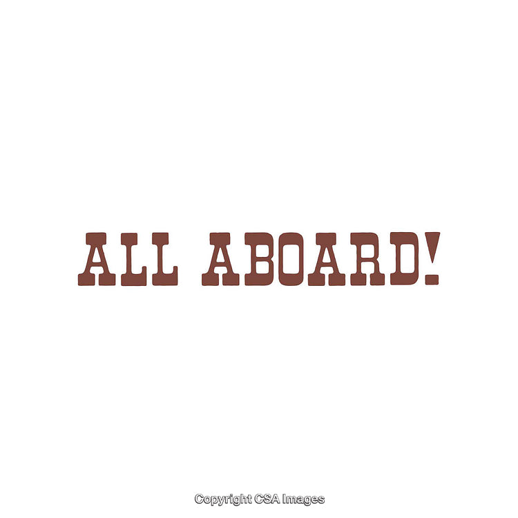 All Aboard Text in Rustic Typewriter Font on White Background
