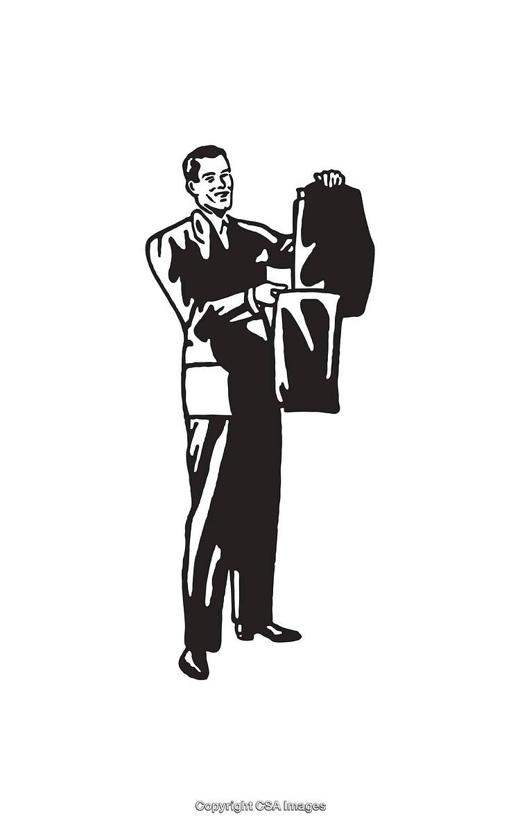 Retro Black and White Line Art of a Smiling Businessman Displaying Products
