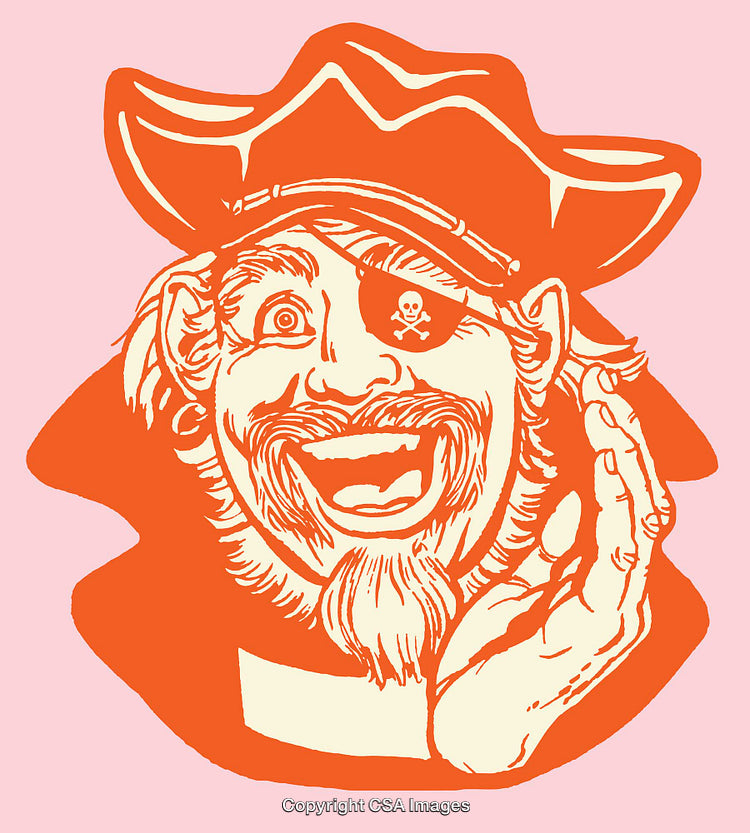 Cheerful Pirate Illustration With Hat and Eyepatch in Orange Line Art
