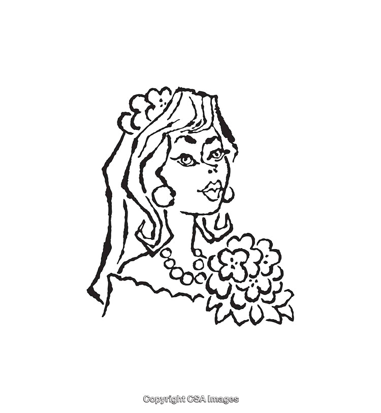 Black And White Illustration of a Stylish Bride Holding Flowers